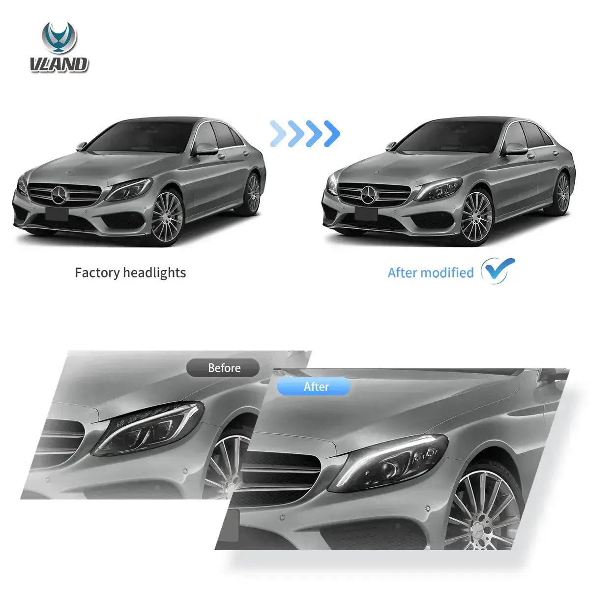 VLAND 15-21 Mercedes-Benz C-Class (W205) LED Matrix Upgraded strålkastare med Blue DRL - 6