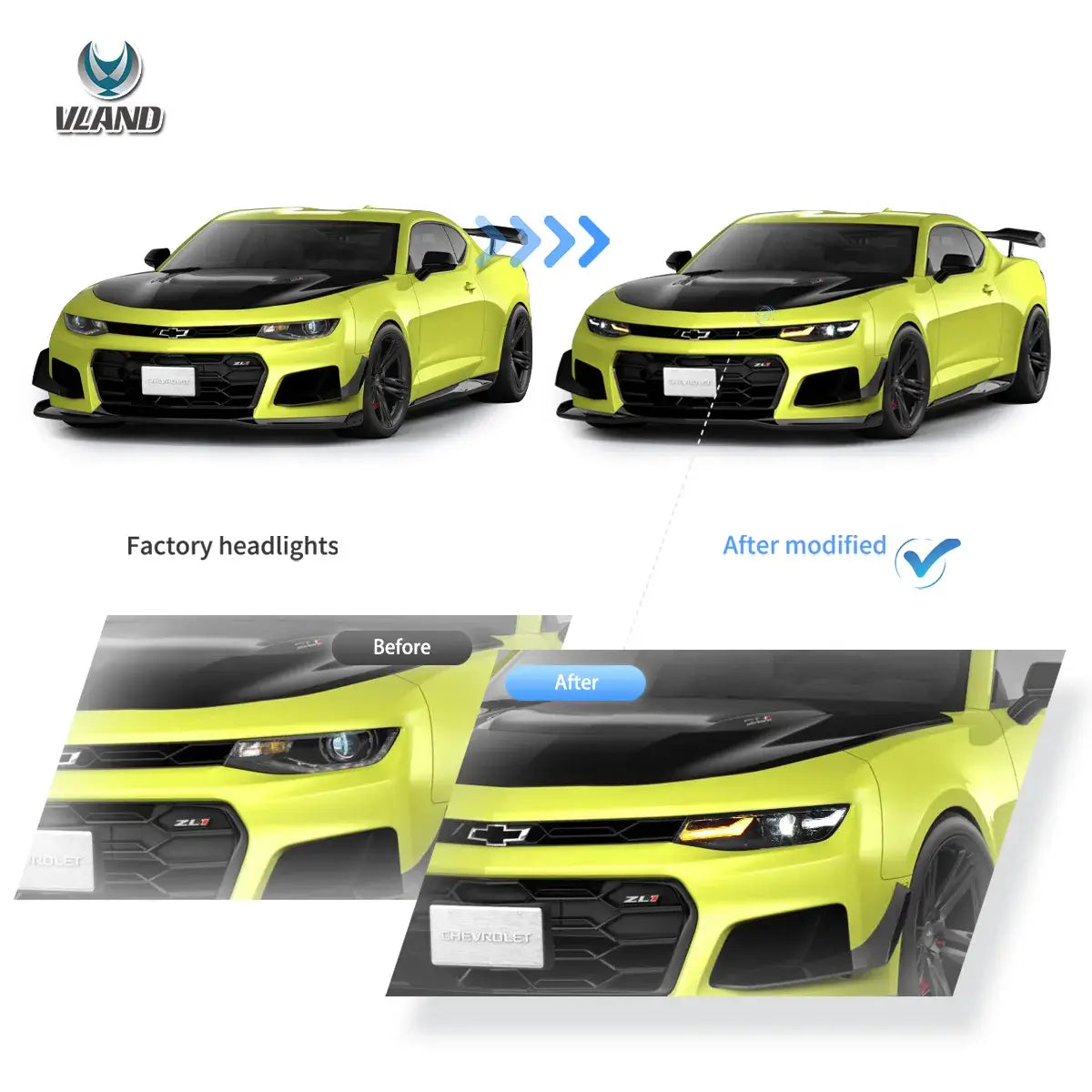 19-24 Chevrolet Chevy Camaro Vland Full LED Dual Beam Projector strålkastare - 4