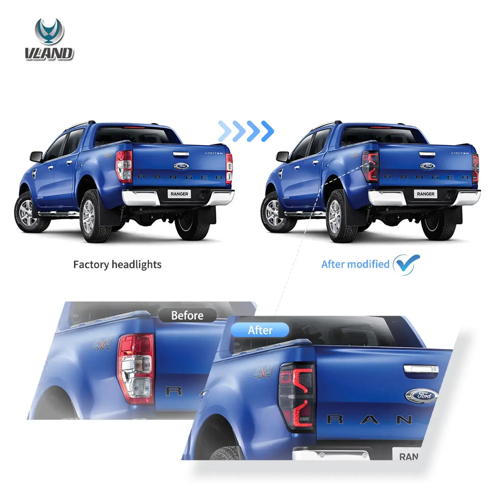 12-22 Ford Ranger Vland LED Upgrade bakljus med Amber sekventiell blinkers (Not Fit för US Models) - 7