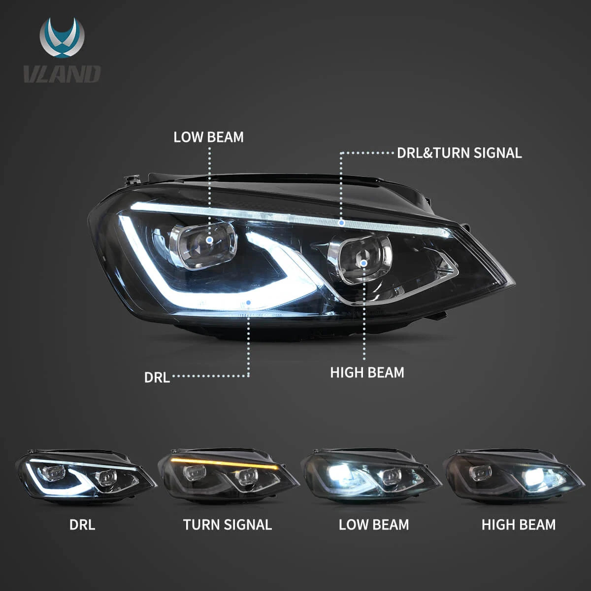 13-17 VW Golf MK7 Hatchback Vland LED Aftermarket strålkastare Black [E-mark] - 4