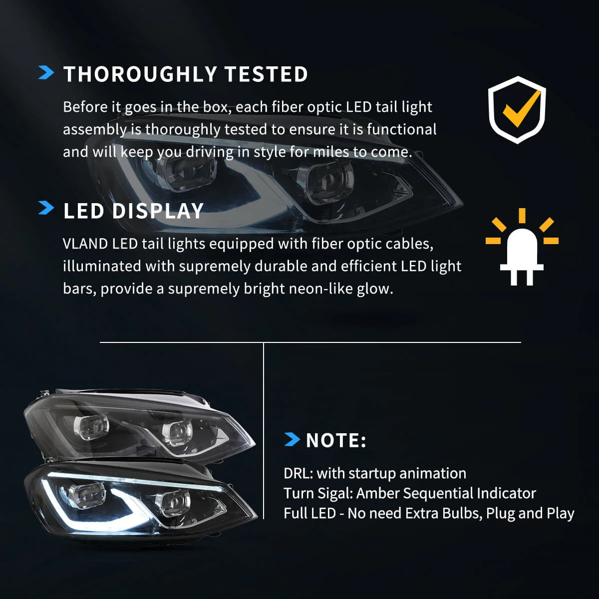 13-17 VW Golf MK7 Hatchback Vland LED Aftermarket strålkastare Black [E-mark] - 10