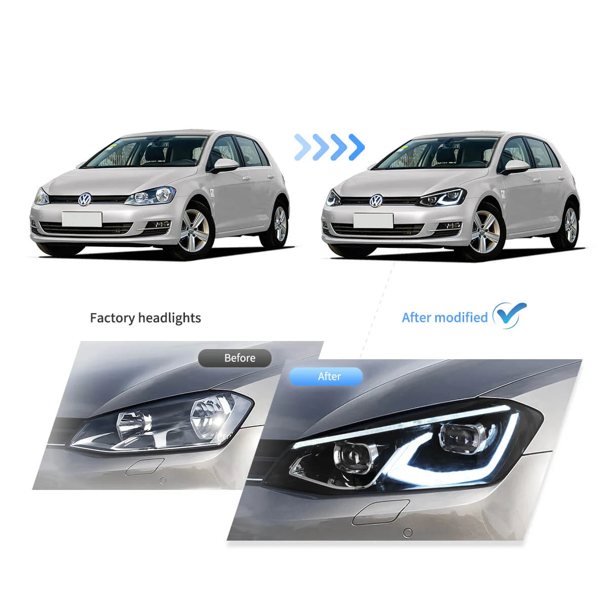 13-17 VW Golf MK7 Hatchback Vland LED Aftermarket strålkastare Black [E-mark] - 7