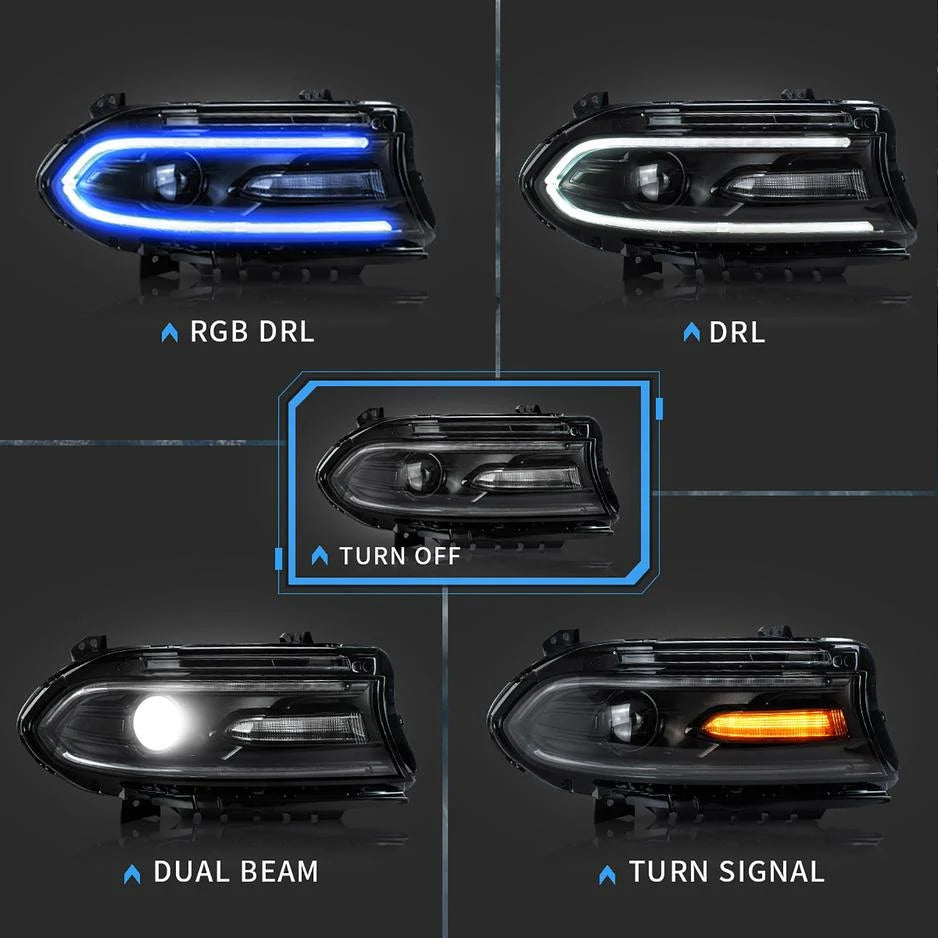 15-23 Dodge Charger Vland RGB Style Dual Beam Projector strålkastare Black - 3