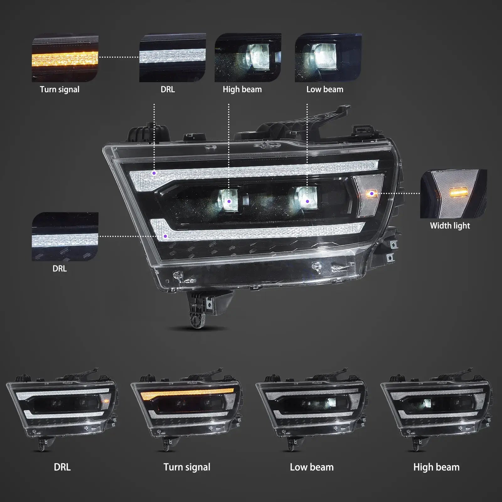 19-24 Dodge Ram 1500 VLAND Full-LED strålkastare med startanimation - 6