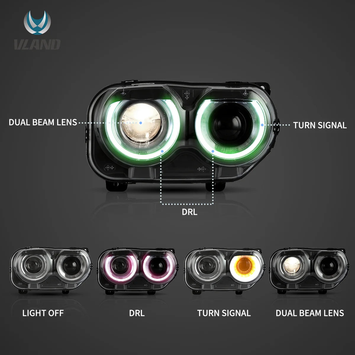 15-24 Dodge Challenger Vland RGB Dual Beam Projector strålkastare Black [E-mark] - 4