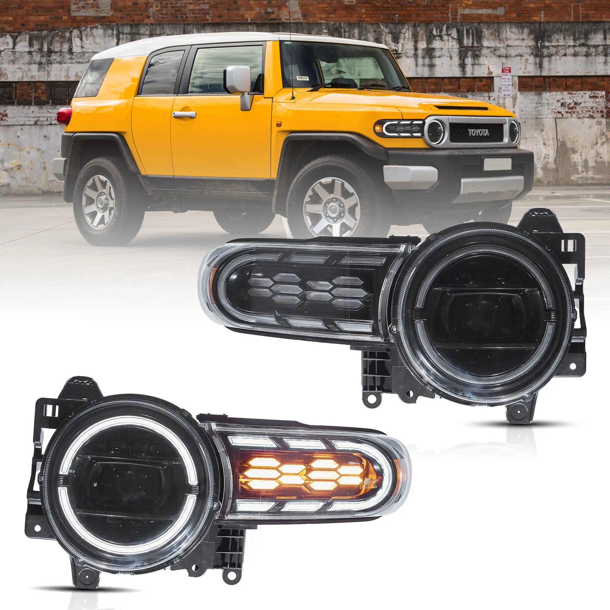 06-22 Toyota FJ Cruiser XJ10 Vland Full LED Dual Beam Projector Upgrade strålkastare med start-up animation