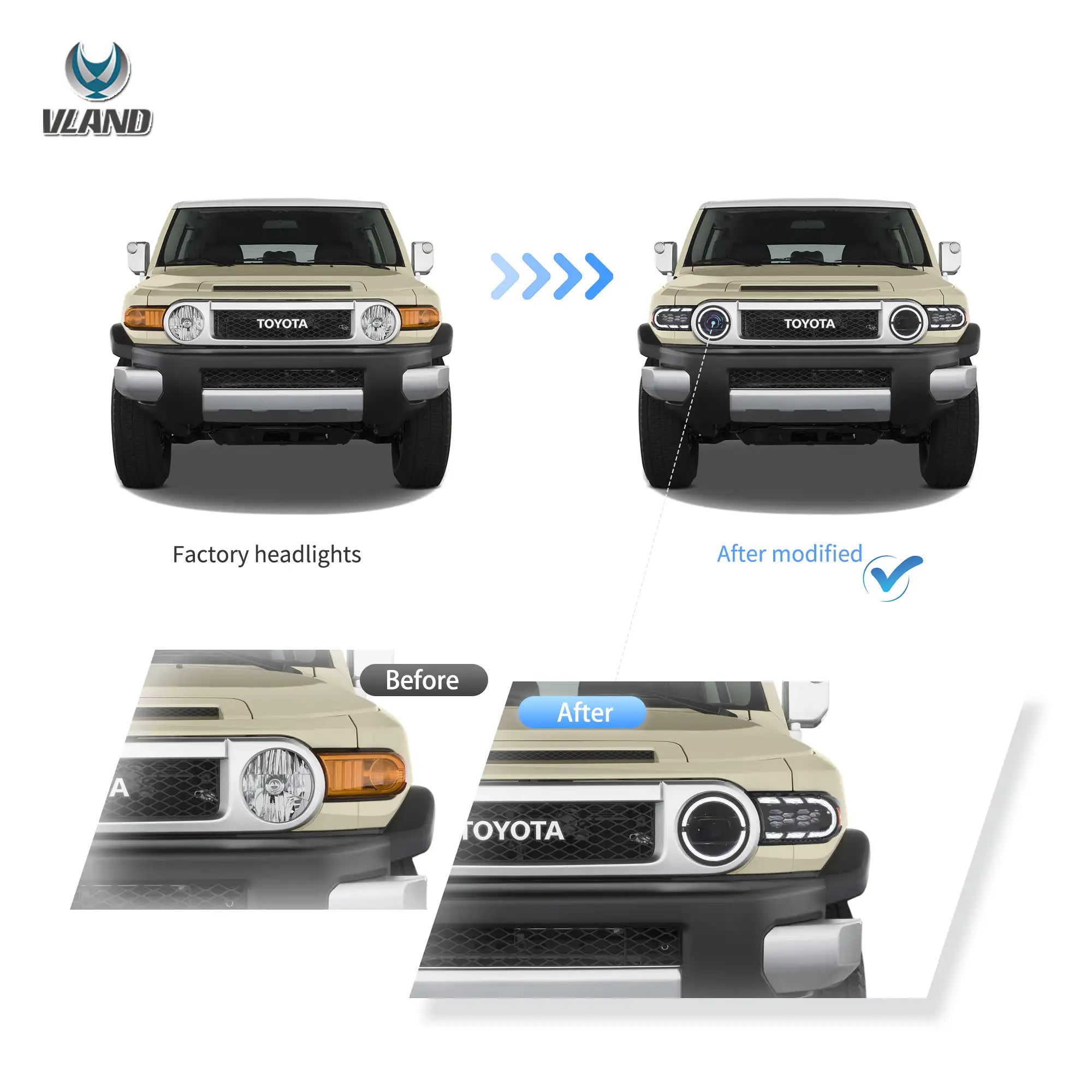 06-22 Toyota FJ Cruiser XJ10 Vland Full LED Dual Beam Projector Upgrade strålkastare med start-up animation - 7