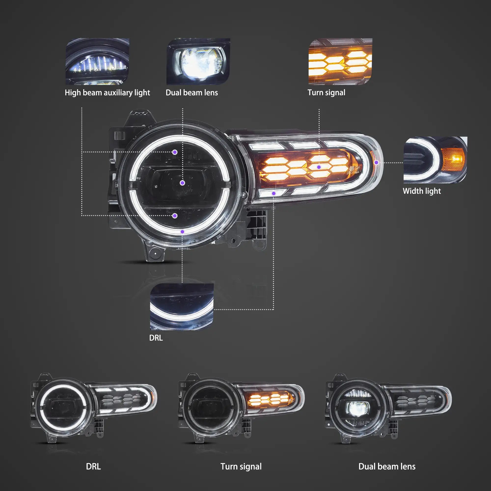06-22 Toyota FJ Cruiser XJ10 Vland Full LED Dual Beam Projector Upgrade strålkastare med start-up animation - 3