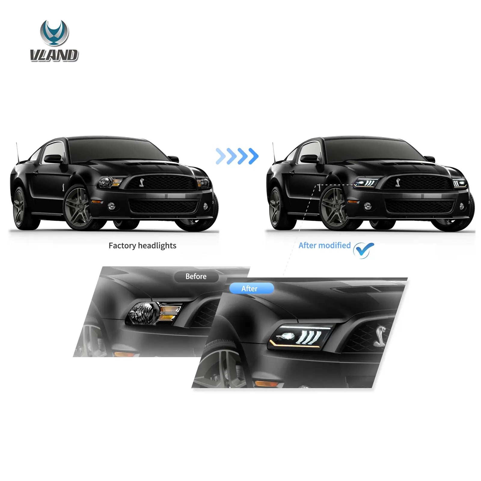 05-09 Ford Mustang 5th Gen (S-197 I) Pre-Facelift Vland LED Dual Beam Projector strålkastare Black - 7