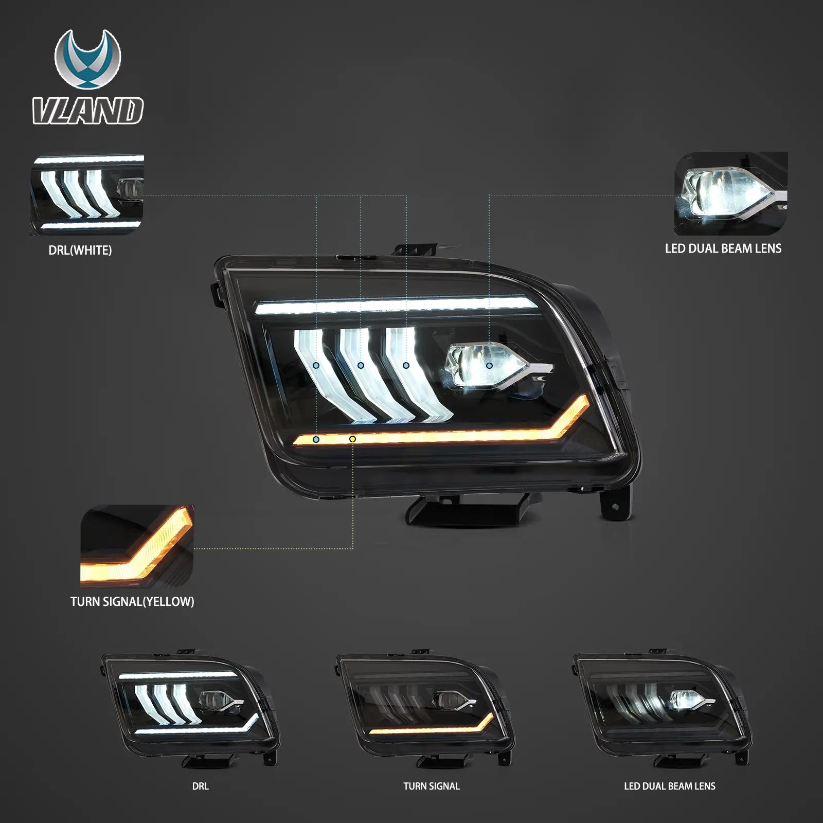 05-09 Ford Mustang 5th Gen (S-197 I) Pre-Facelift Vland LED Dual Beam Projector strålkastare Black - 4