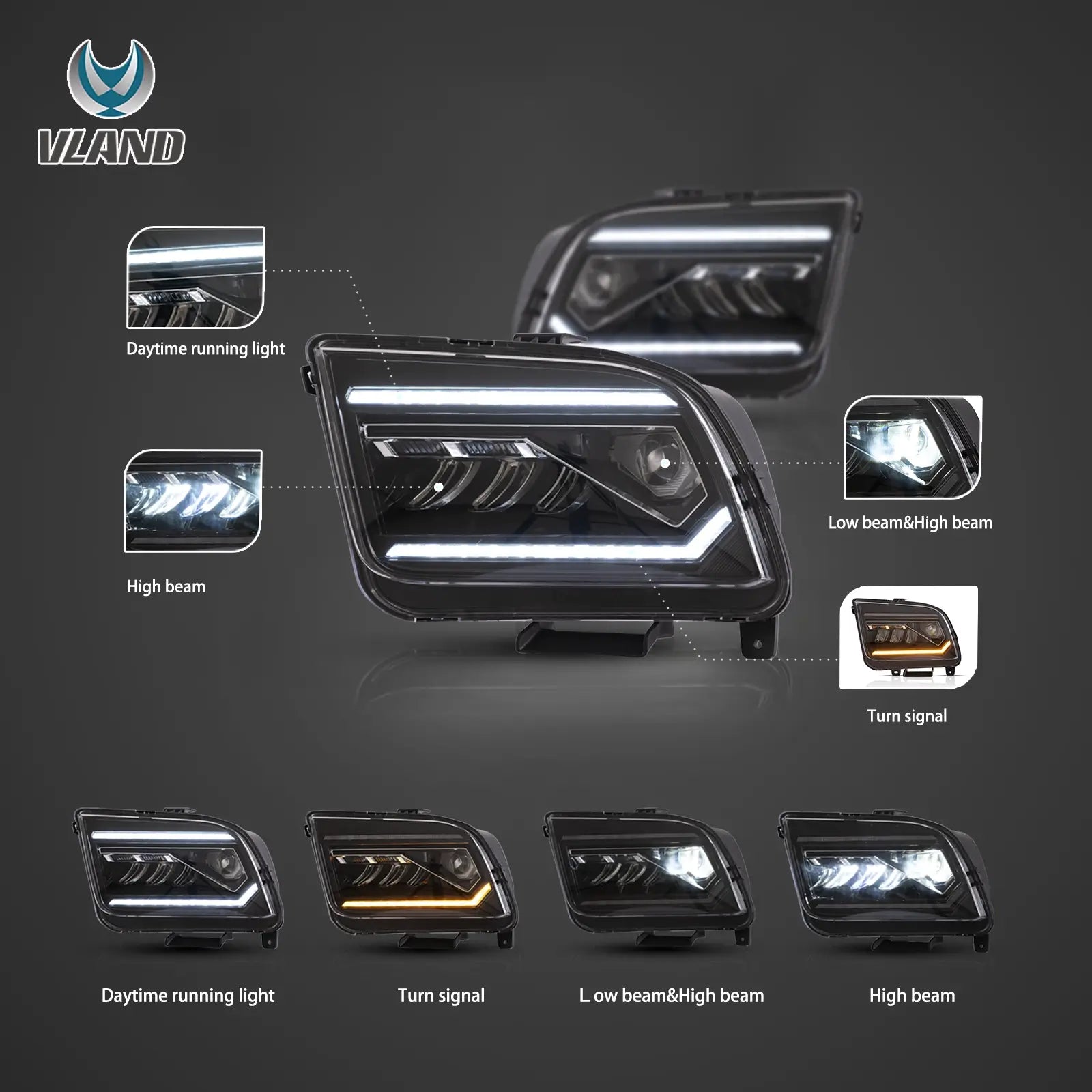05-09 Ford Mustang 5th Gen (S-197 I) Pre-Facelift Vland I LED Dual Beam Projector med Reflector strålkastare Chrome - 3