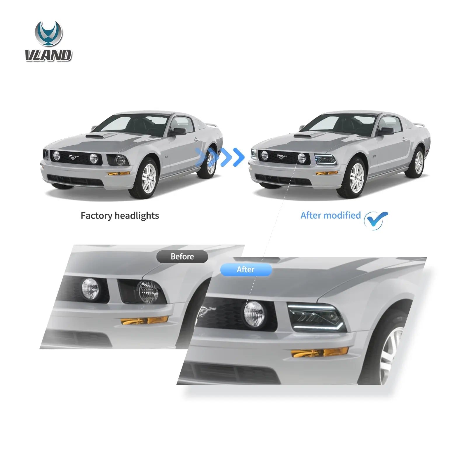 05-09 Ford Mustang 5th Gen (S-197 I) Pre-Facelift Vland I LED Dual Beam Projector med Reflector strålkastare Chrome - 6