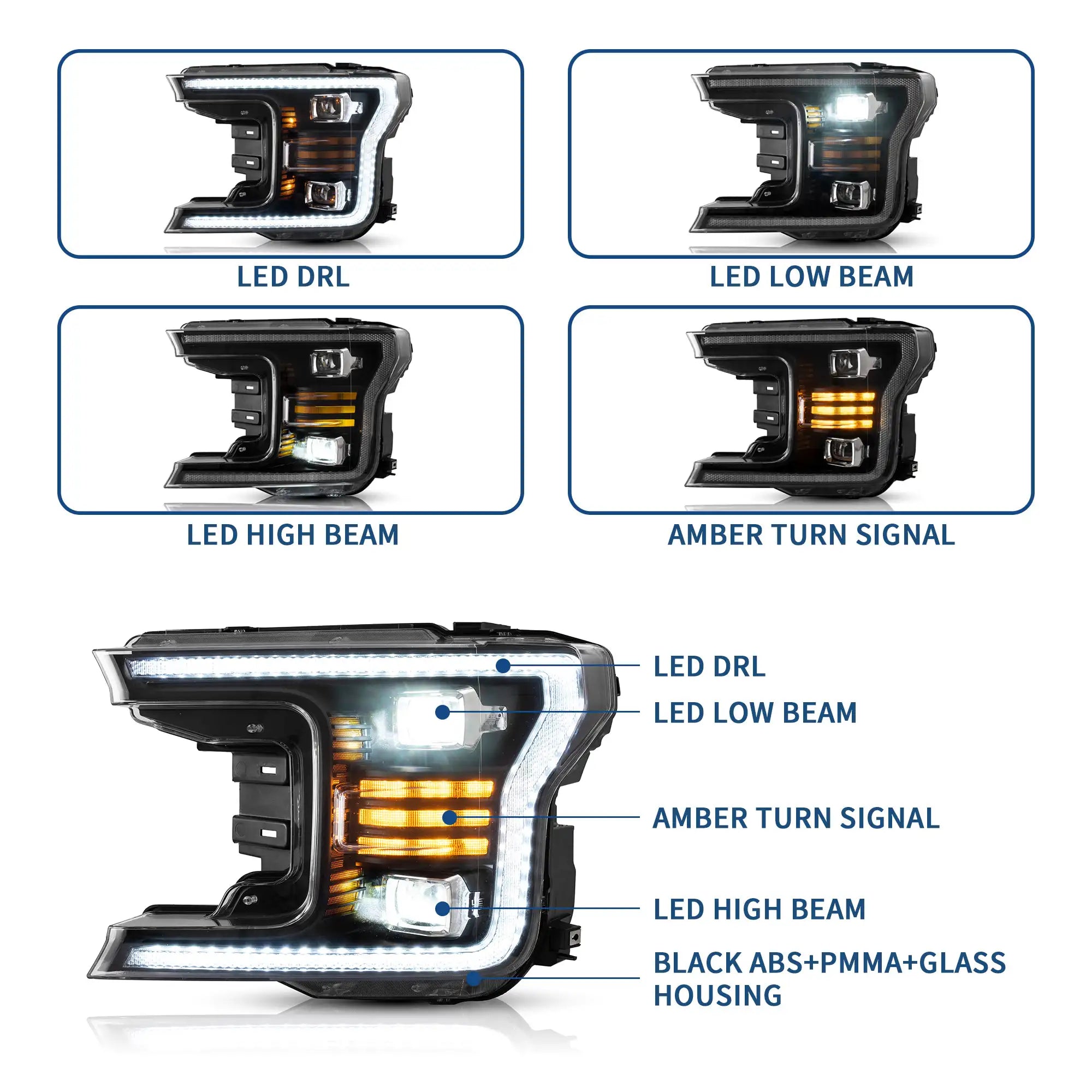 18-20 Ford F150 13th Gen Facelifted Vland (Ⅱ) LED Dual Beam Projector strålkastare Black - 2