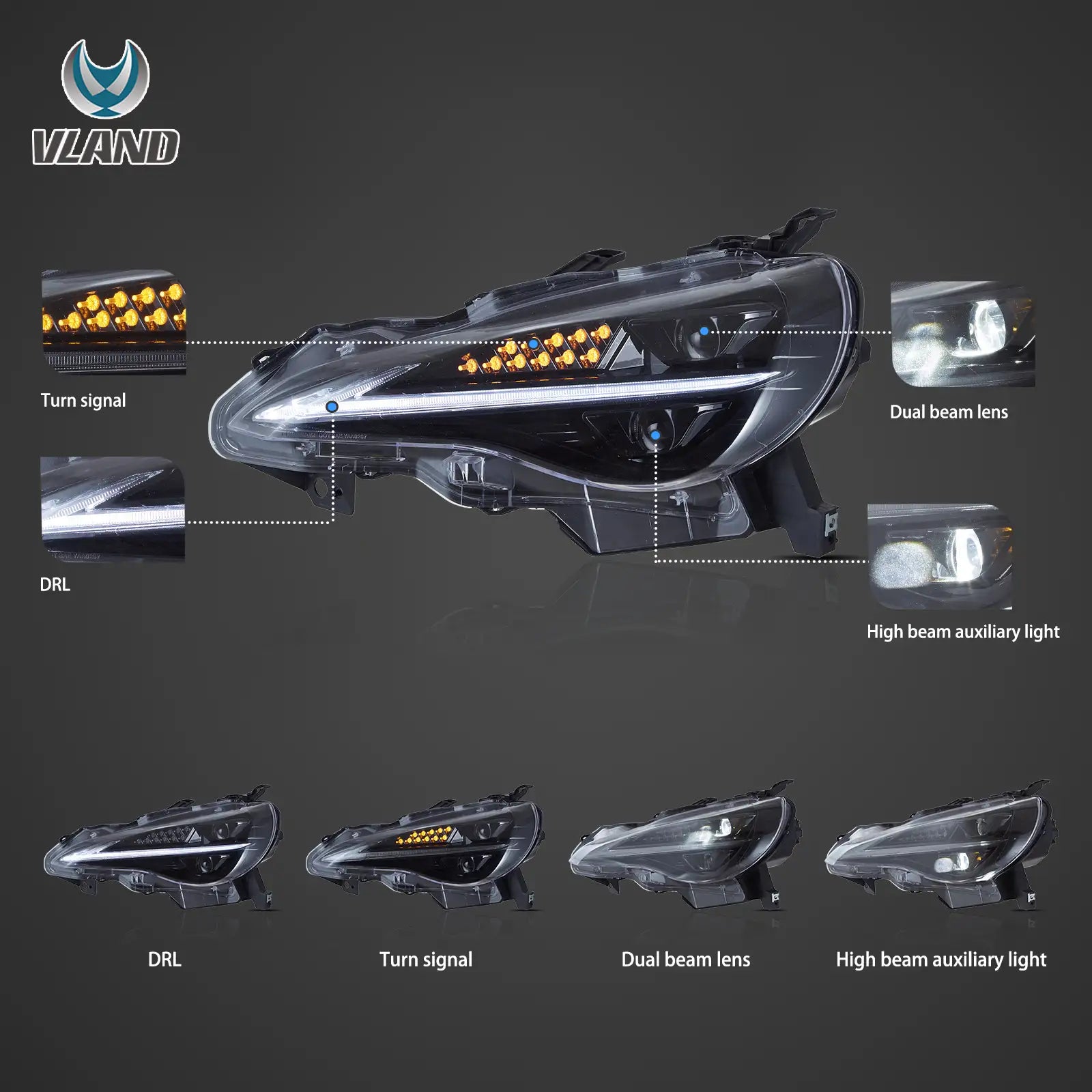 12–21 Toyota 86/GT86, Subaru Brz, Scion Frs Vland Upgrade Full LED Dual Beam Projector strålkastare - 3