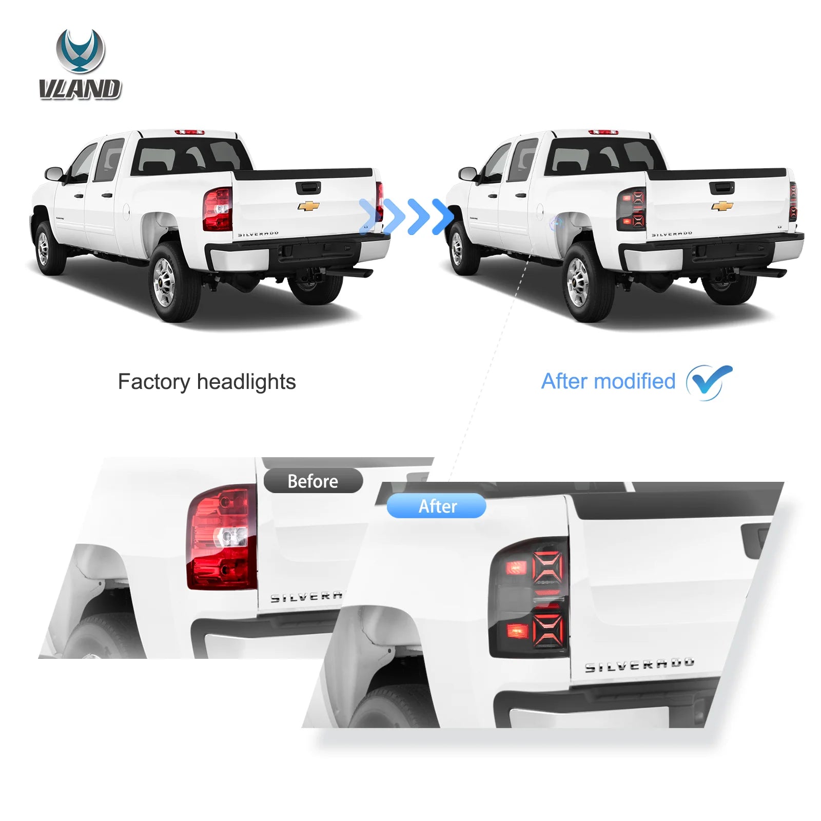07-13 Chevrolet Silverado 1500 2500HD 3500HD & 07-14 GMC Sierra (Denali) 3500HD Dually Vland LED III bakljus med Red Turn Signal Clear - 6