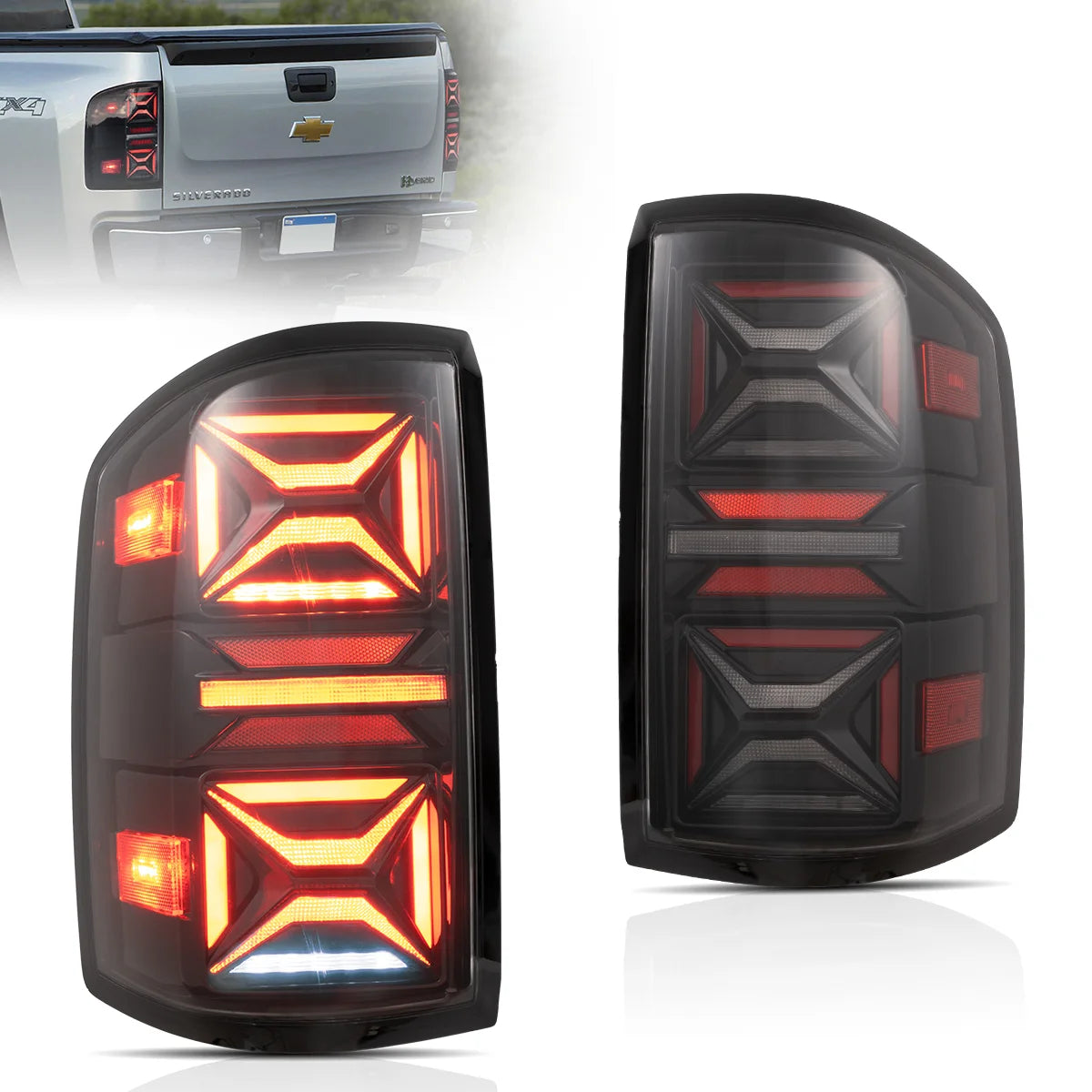 07-13 Chevrolet Silverado 1500 2500HD 3500HD & 07-14 GMC Sierra (Denali) 3500HD Dually Vland LED III bakljus med Red Turn Signal Clear