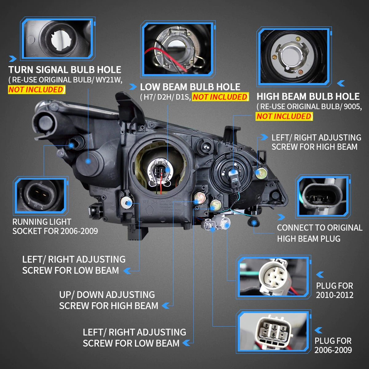 VLAND Carlamp Projector strålkastare för Lexus ES350 2010-2012 (Low Beam Projector. Hight Beam Reflector. Chrome and Black Housing Edition) - 5
