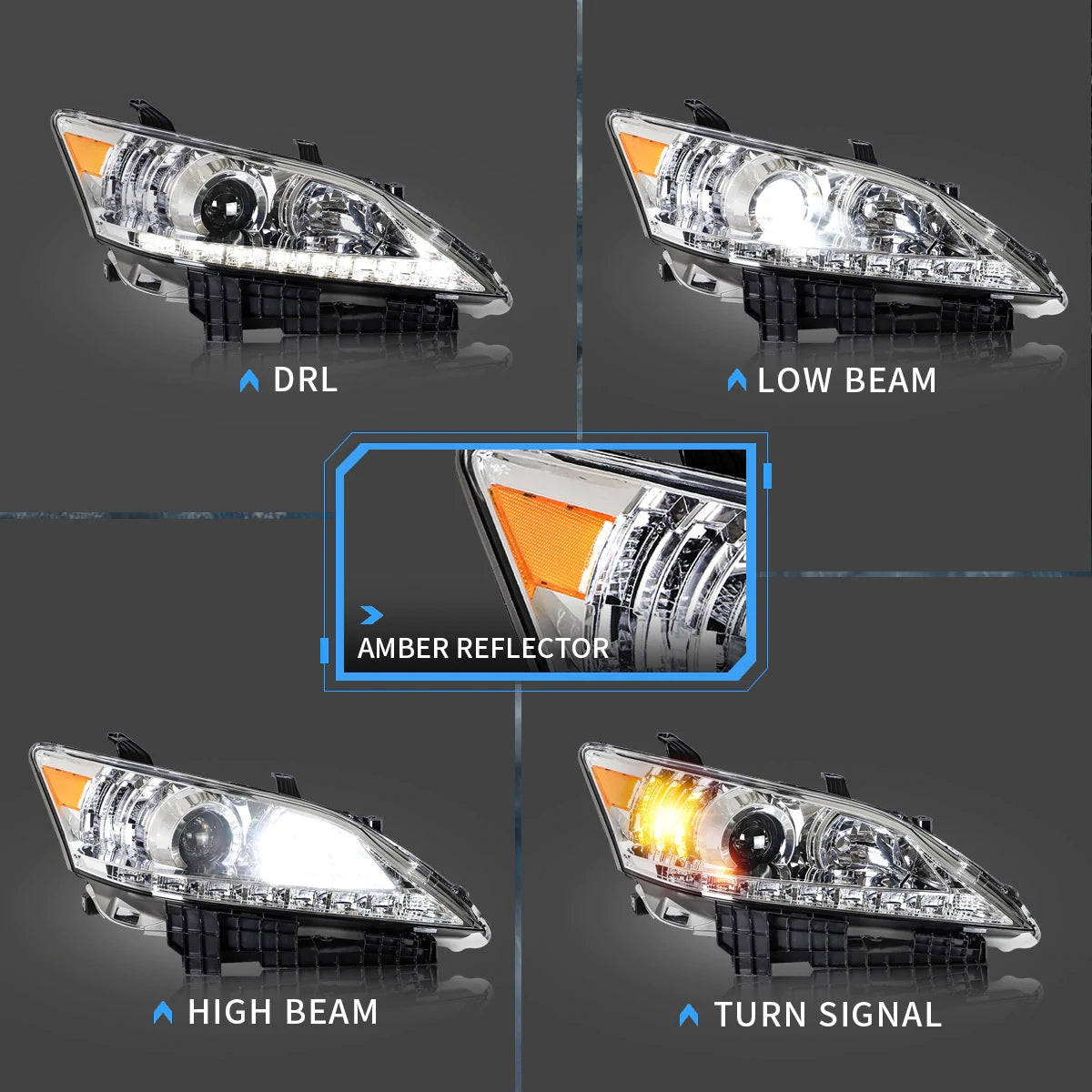 VLAND Carlamp Projector strålkastare för Lexus ES350 2010-2012 (Low Beam Projector. Hight Beam Reflector. Chrome and Black Housing Edition) - 3