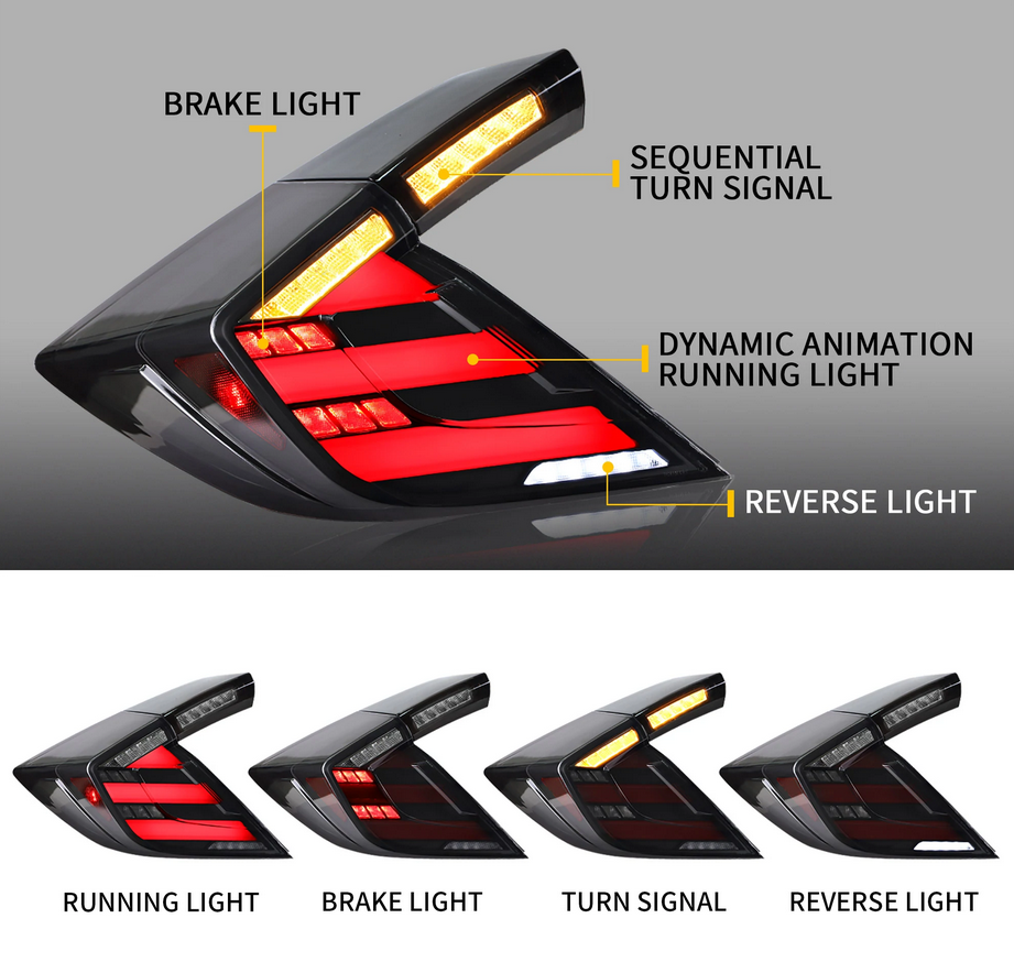 16-21 Honda Civic 10th Gen Hatchback and Type R Vland LED bakljus [E-mark] med Amber Turn Signal - 3