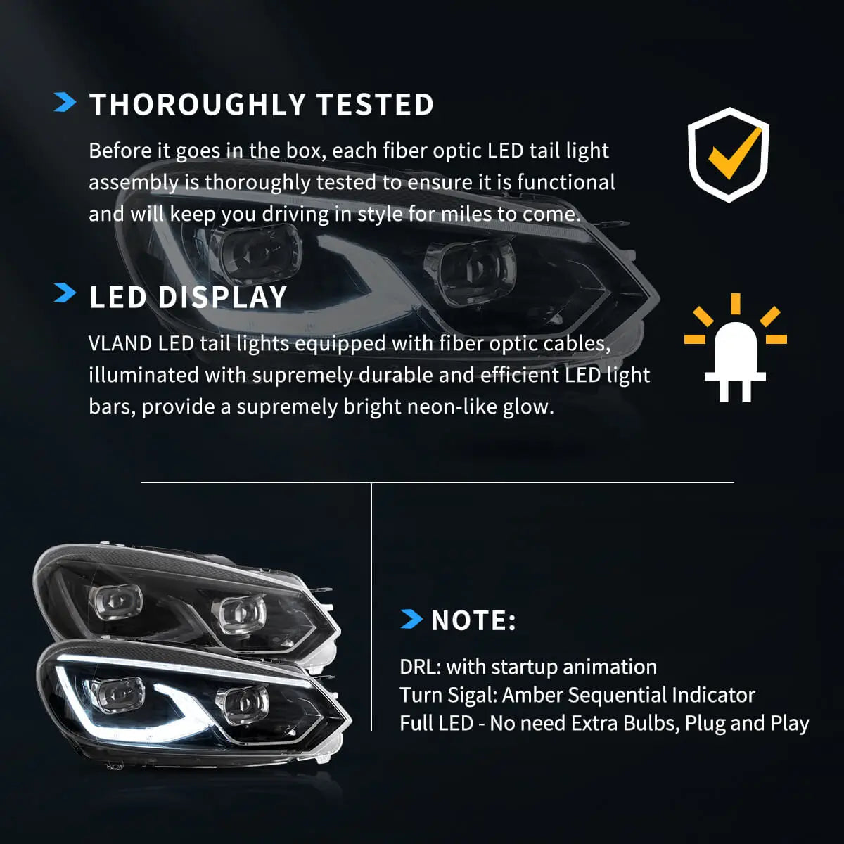 08-14 VW Golf Mk6 Vland LED Dual Beam Projector Aftermarket strålkastare Black[E-mark] - 11