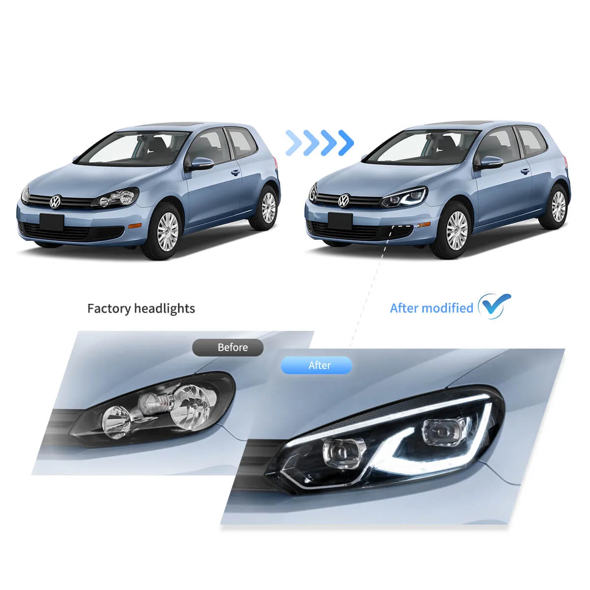 08-14 VW Golf Mk6 Vland LED Dual Beam Projector Aftermarket strålkastare Black[E-mark] - 7