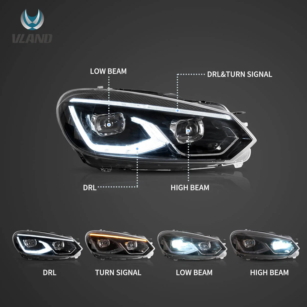 08-14 VW Golf Mk6 Vland LED Dual Beam Projector Aftermarket strålkastare Black[E-mark] - 3