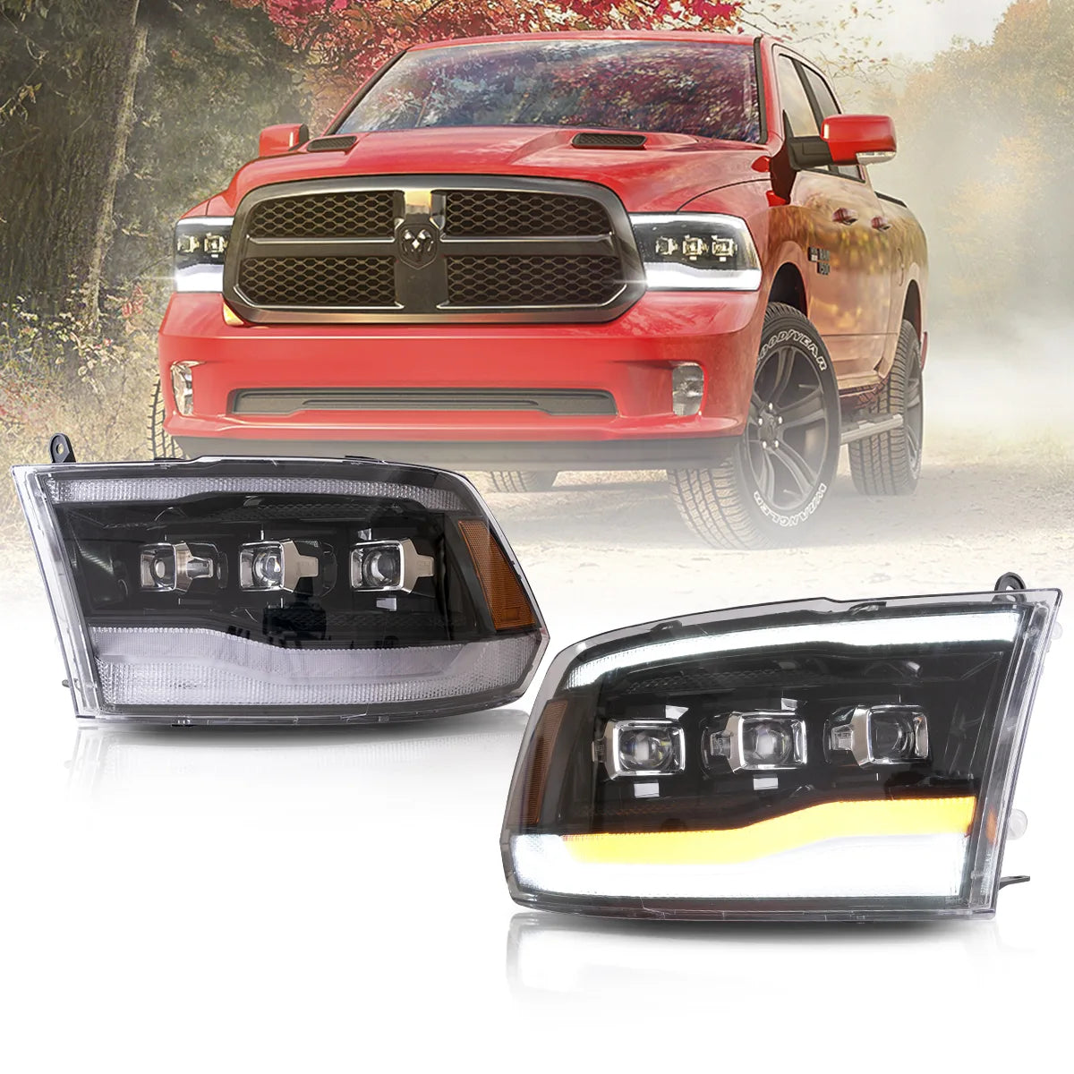 09-18 Dodge Ram fjärde generationen 1500 2500 3500 VLAND LED Matrix projektor strålkastare svart [E-märkt]
