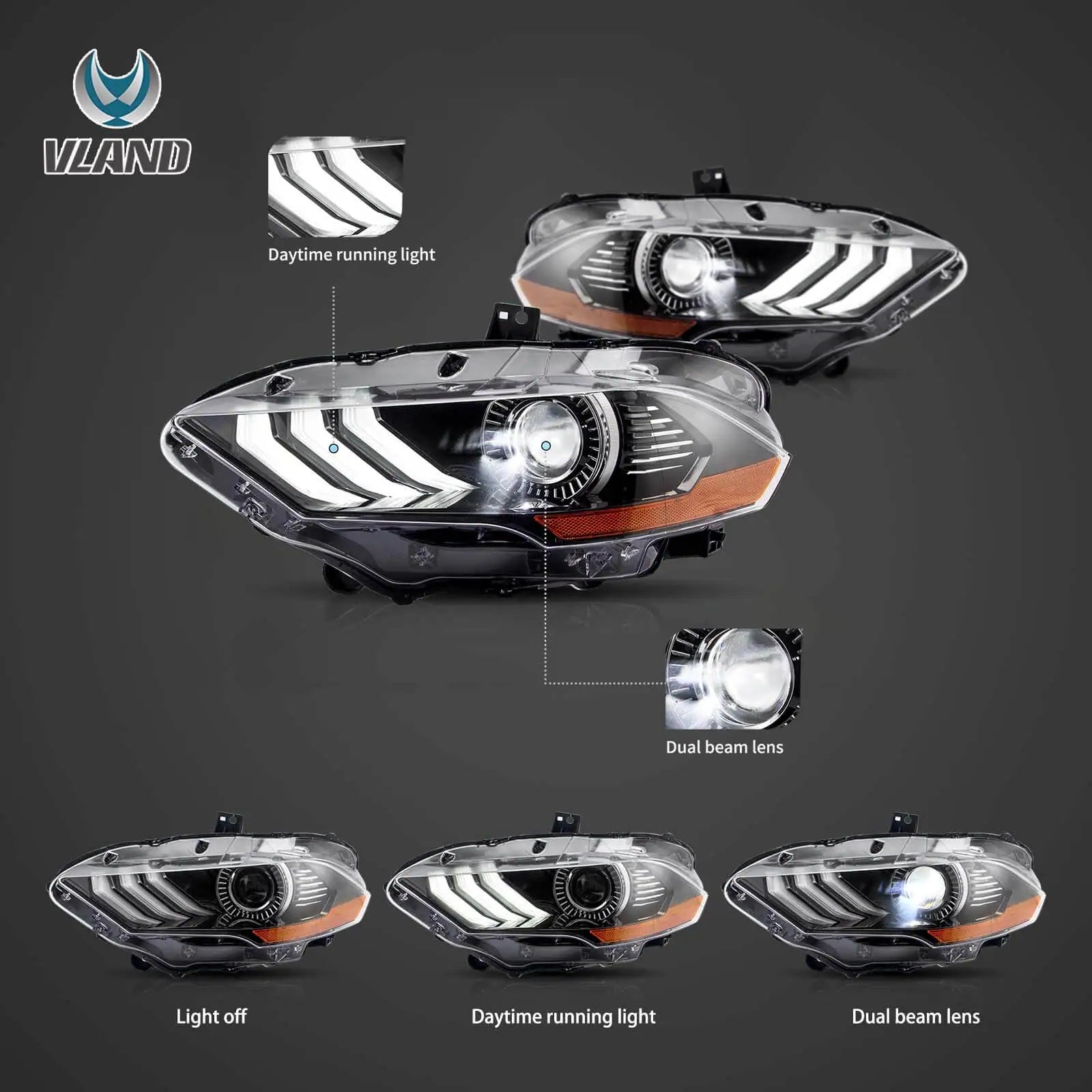 18-up Ford Mustang 6th Gen Vland LED Dual Beam Projector RGB strålkastare Black - 5