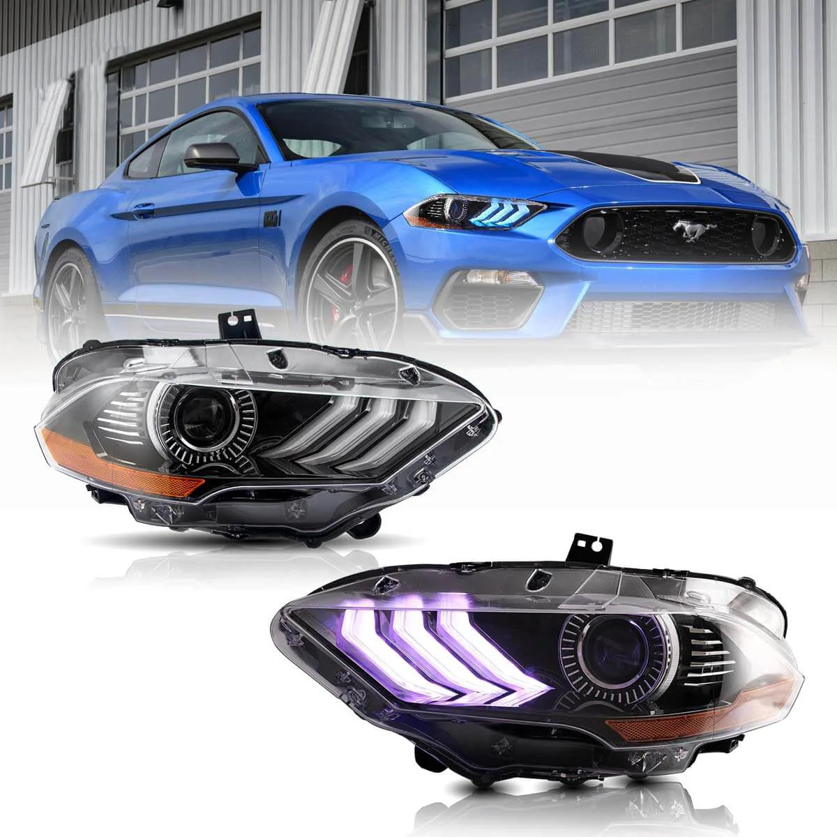 18-up Ford Mustang 6th Gen Vland LED Dual Beam Projector RGB strålkastare Black
