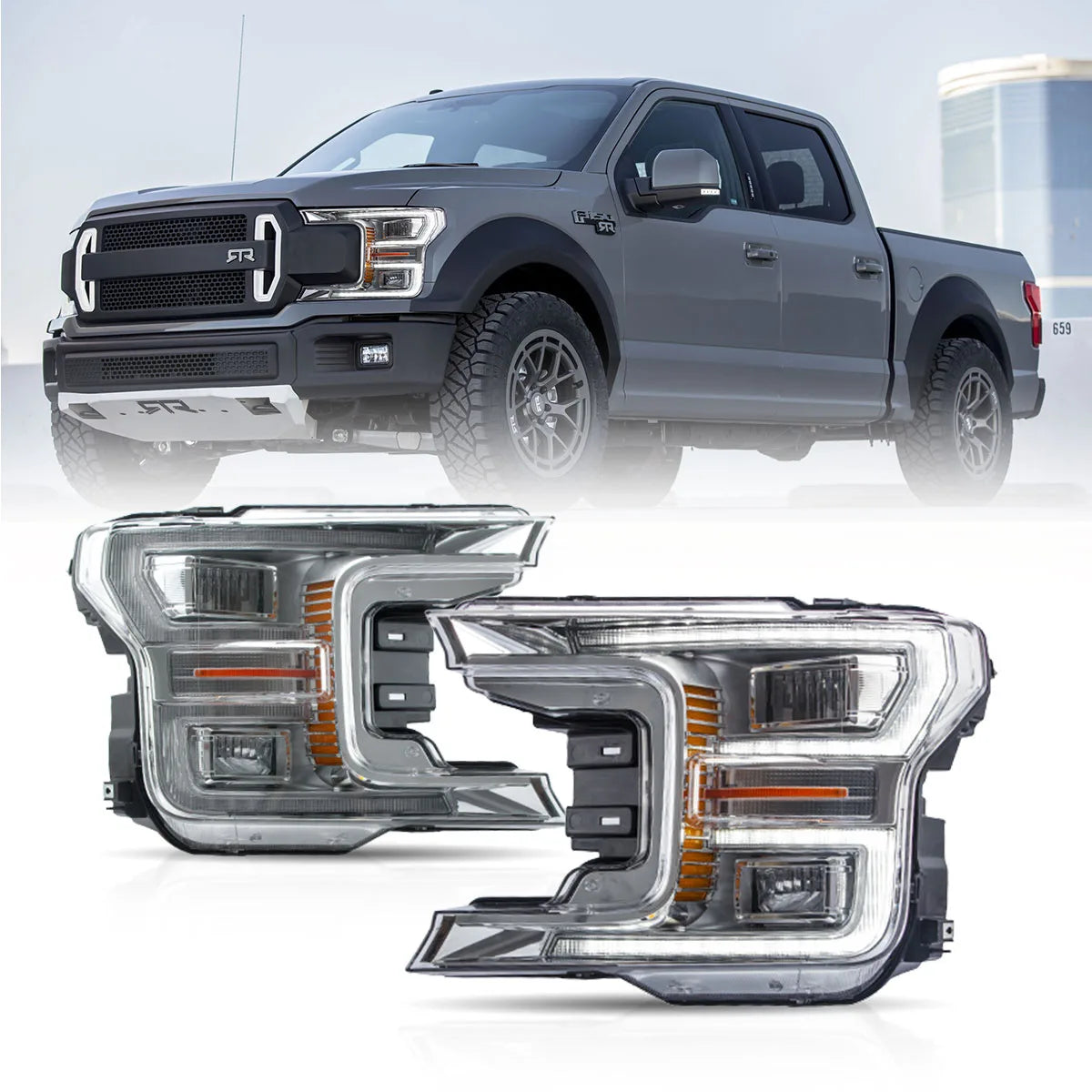 18-20 Ford F150 13th Gen Vland LED Dual Beam Projector strålkastare med Start Up Animation - 6