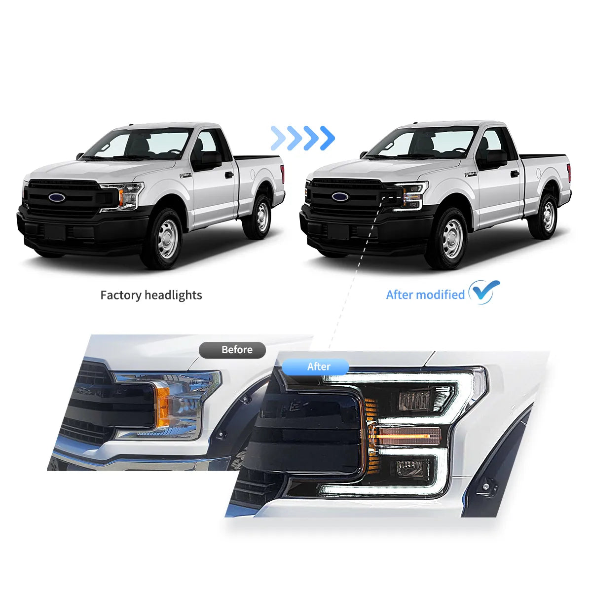 18-20 Ford F150 13th Gen Vland LED Dual Beam Projector strålkastare med Start Up Animation - 13
