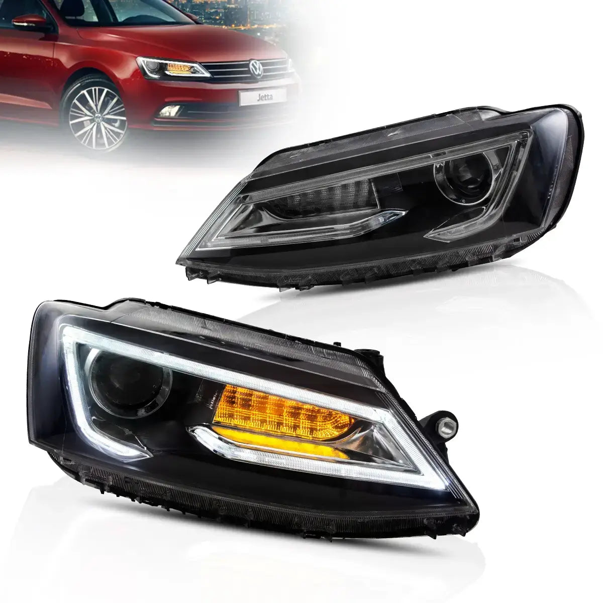 10-18 VW Jetta MK6 Vland Dual Beam Projector Aftermarket strålkastare Black med Red Demon Eyes E-mark - 3