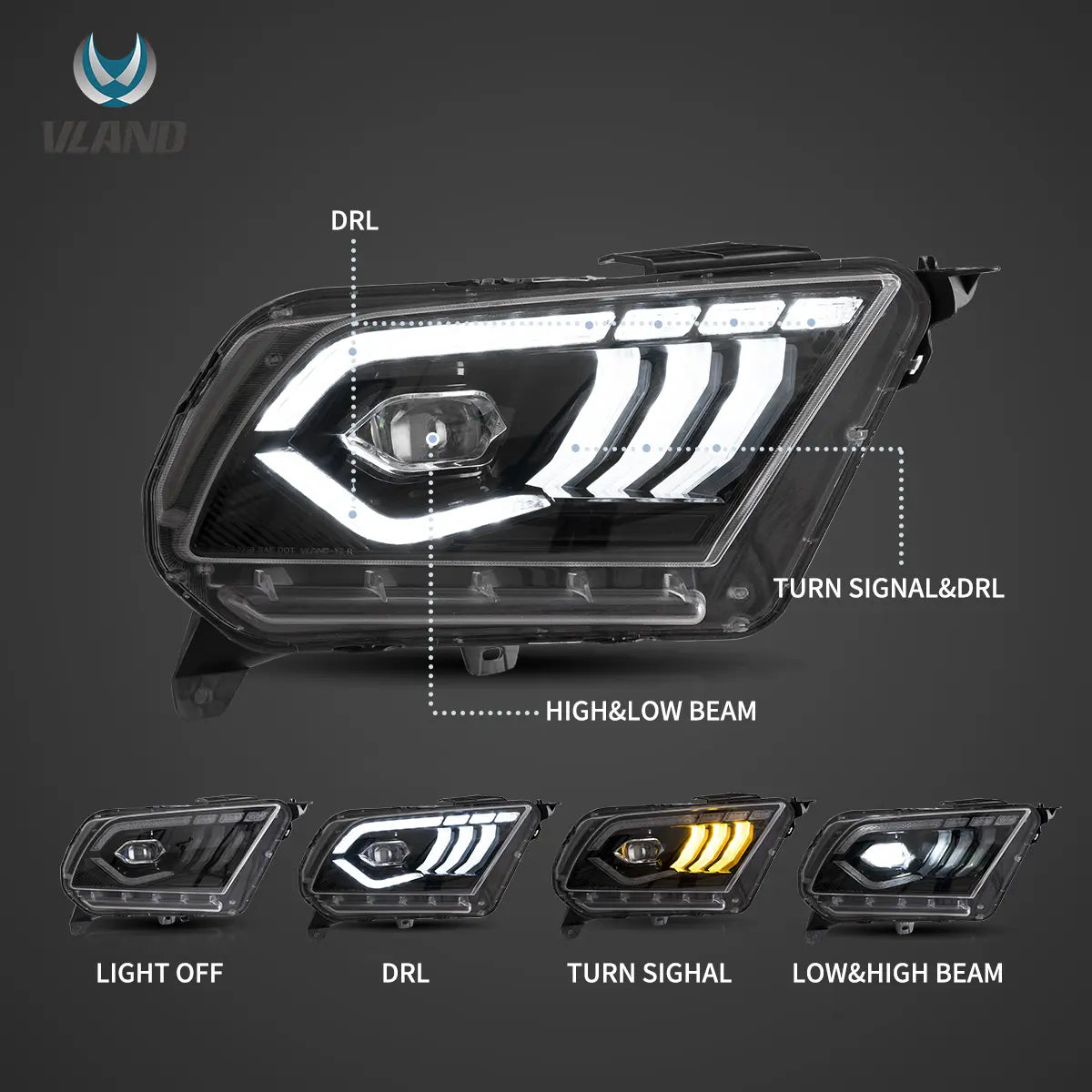 10-14 Ford Mustang 5th Gen Facelifted Vland LED Dual Beam Projector strålkastare Black - 3