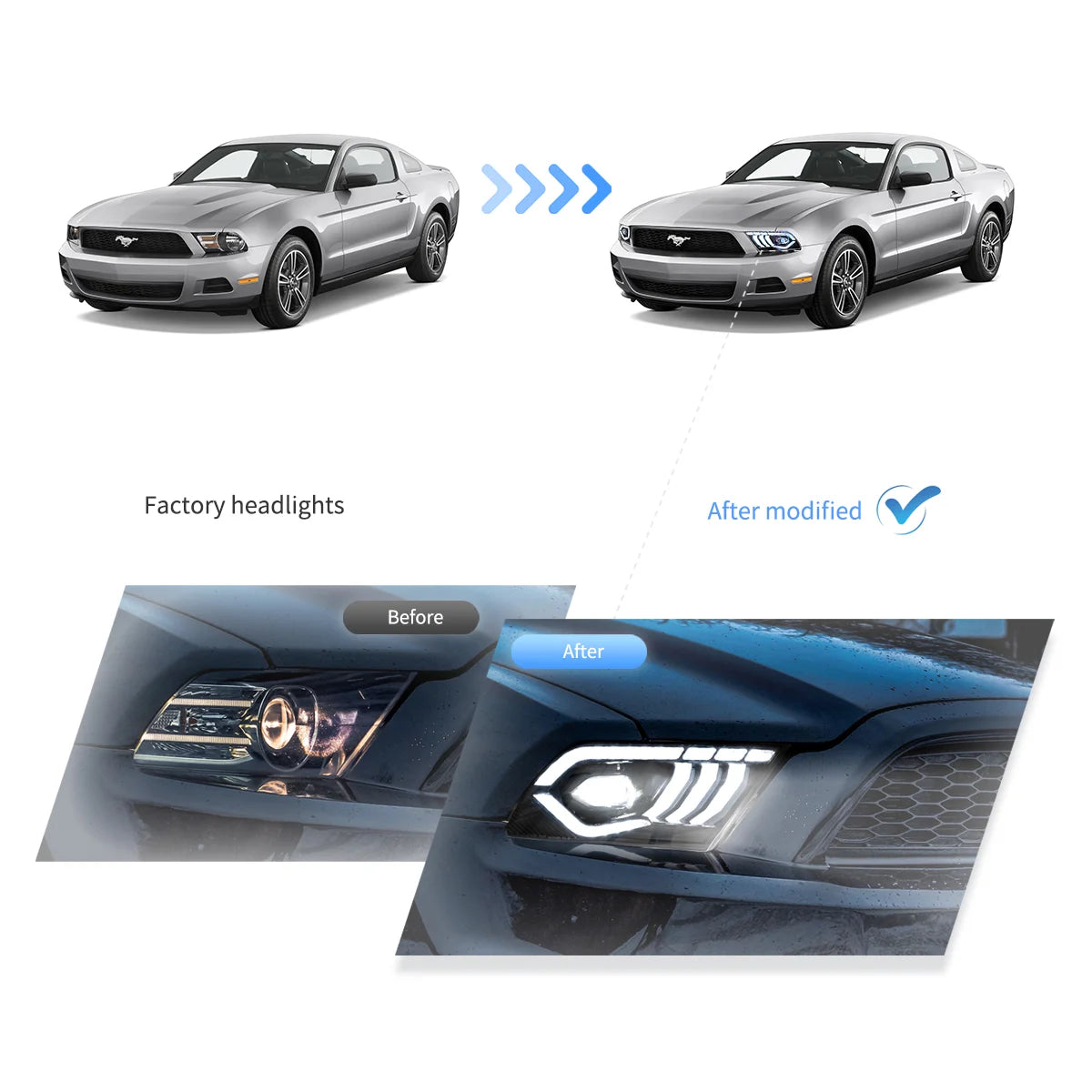 10-14 Ford Mustang 5th Gen Facelifted Vland LED Dual Beam Projector strålkastare Black - 8