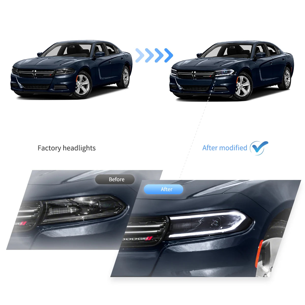 15-23 Dodge Charger Vland Dual Beam Projector strålkastare Black - 6