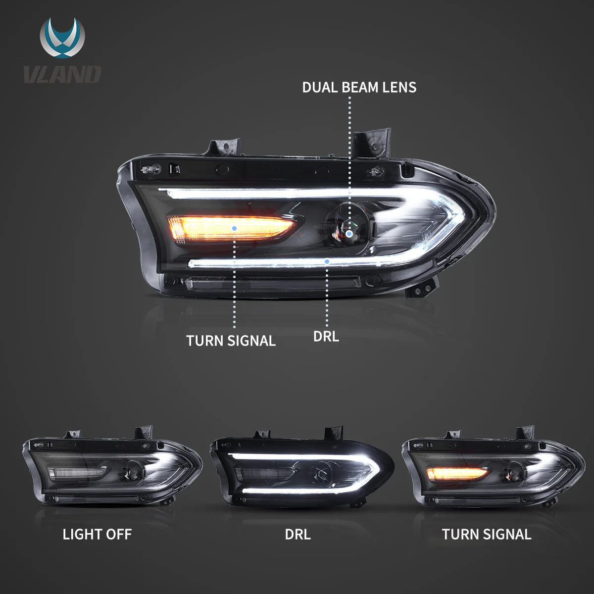 15-23 Dodge Charger Vland Dual Beam Projector strålkastare Black - 3