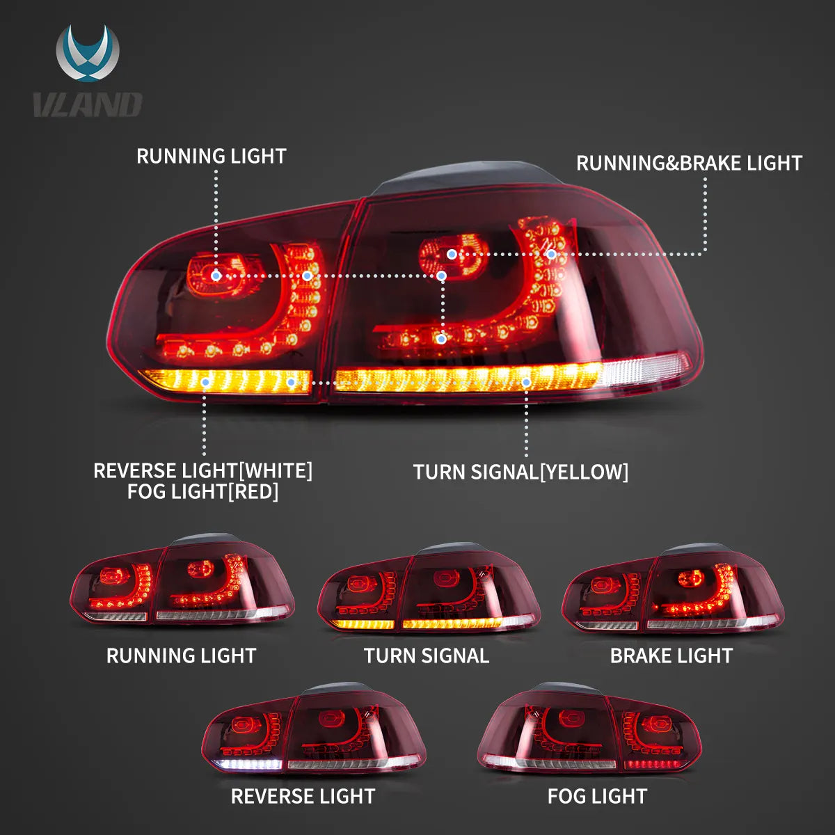 08-12 VW Golf Mk6 Vland LED Aftermarket bakljus med Amber sekventiell blinkers [E-mark] - 3