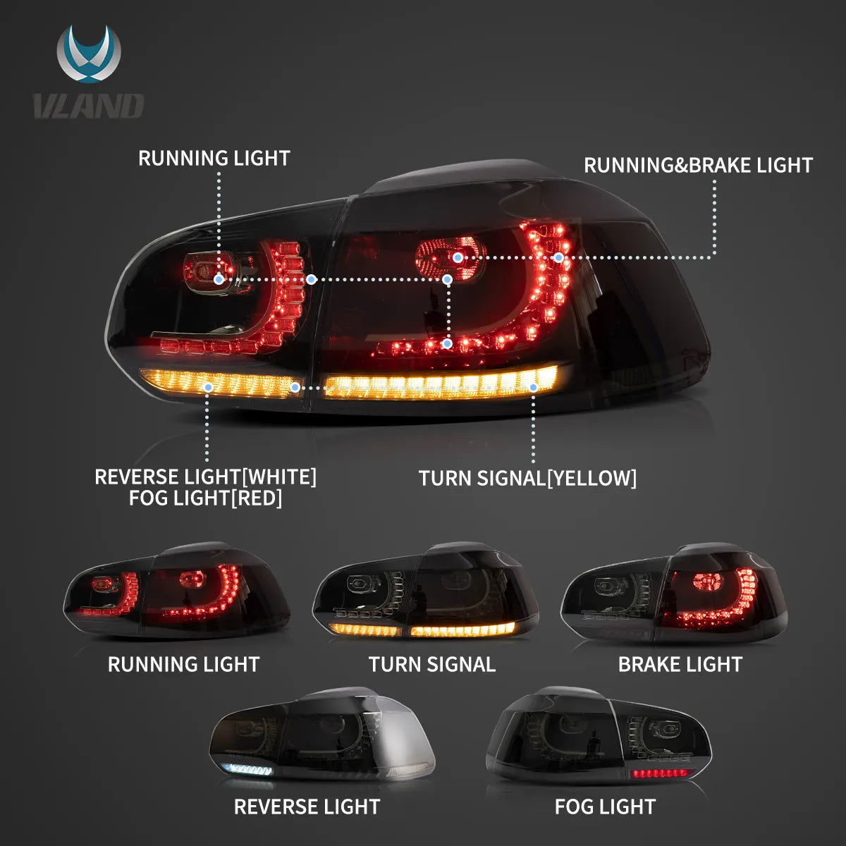 08-12 VW Golf Mk6 Vland LED Aftermarket bakljus med Amber sekventiell blinkers [E-mark] - 8