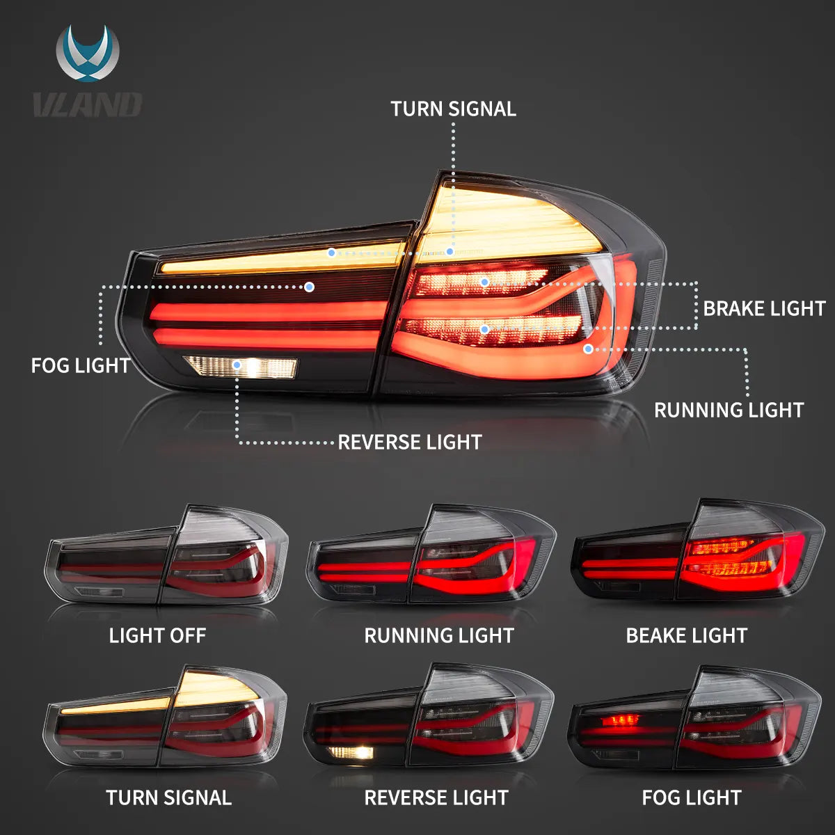 2012-2018 BMW F30 F80 M3 3-serie VLAND LED bakljus med sekventiell blinkers [E-märkt] - 3