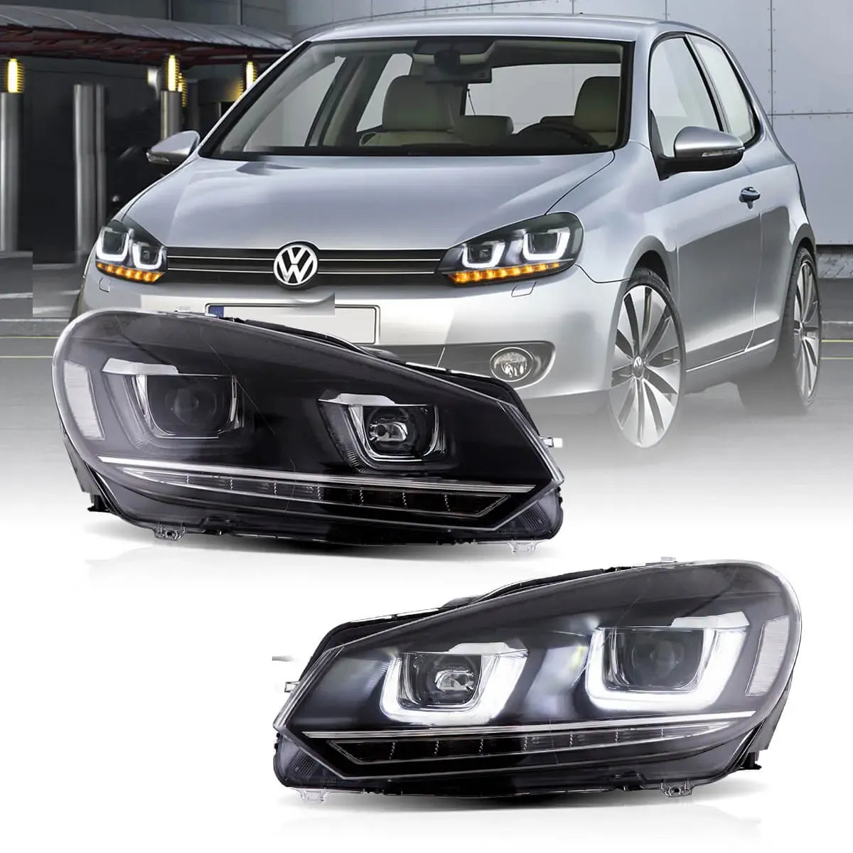 08-14 VW Golf Mk6 Vland Dual Beam Projector Aftermarket strålkastare med Demon Eyes E-mark