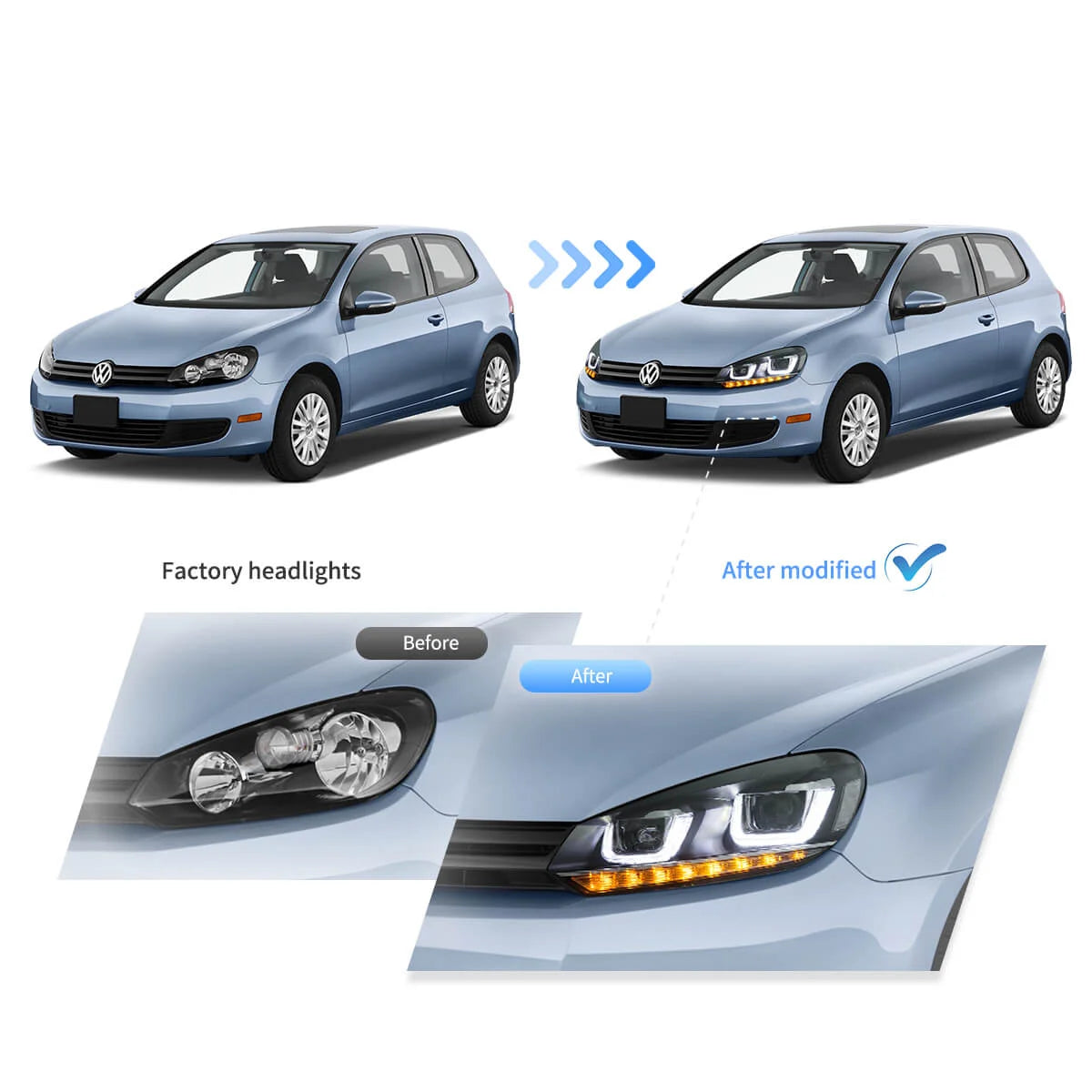 08-14 VW Golf Mk6 Vland Dual Beam Projector Aftermarket strålkastare med Demon Eyes E-mark - 6