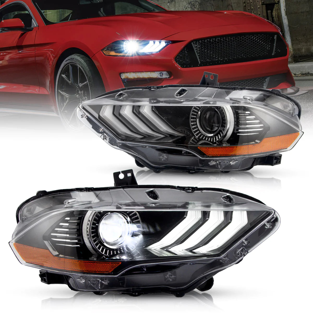 18-22 Ford Mustang 6th Gen Facelifted Vland LED Dual Beam Projector strålkastare Black
