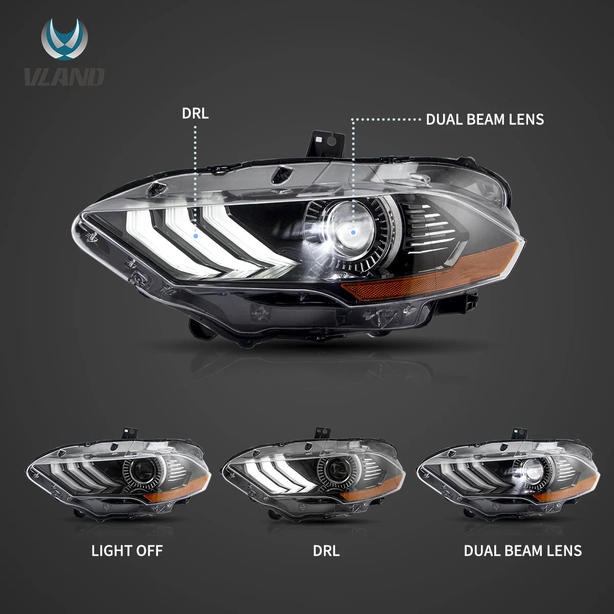 18-22 Ford Mustang 6th Gen Facelifted Vland LED Dual Beam Projector strålkastare Black - 3