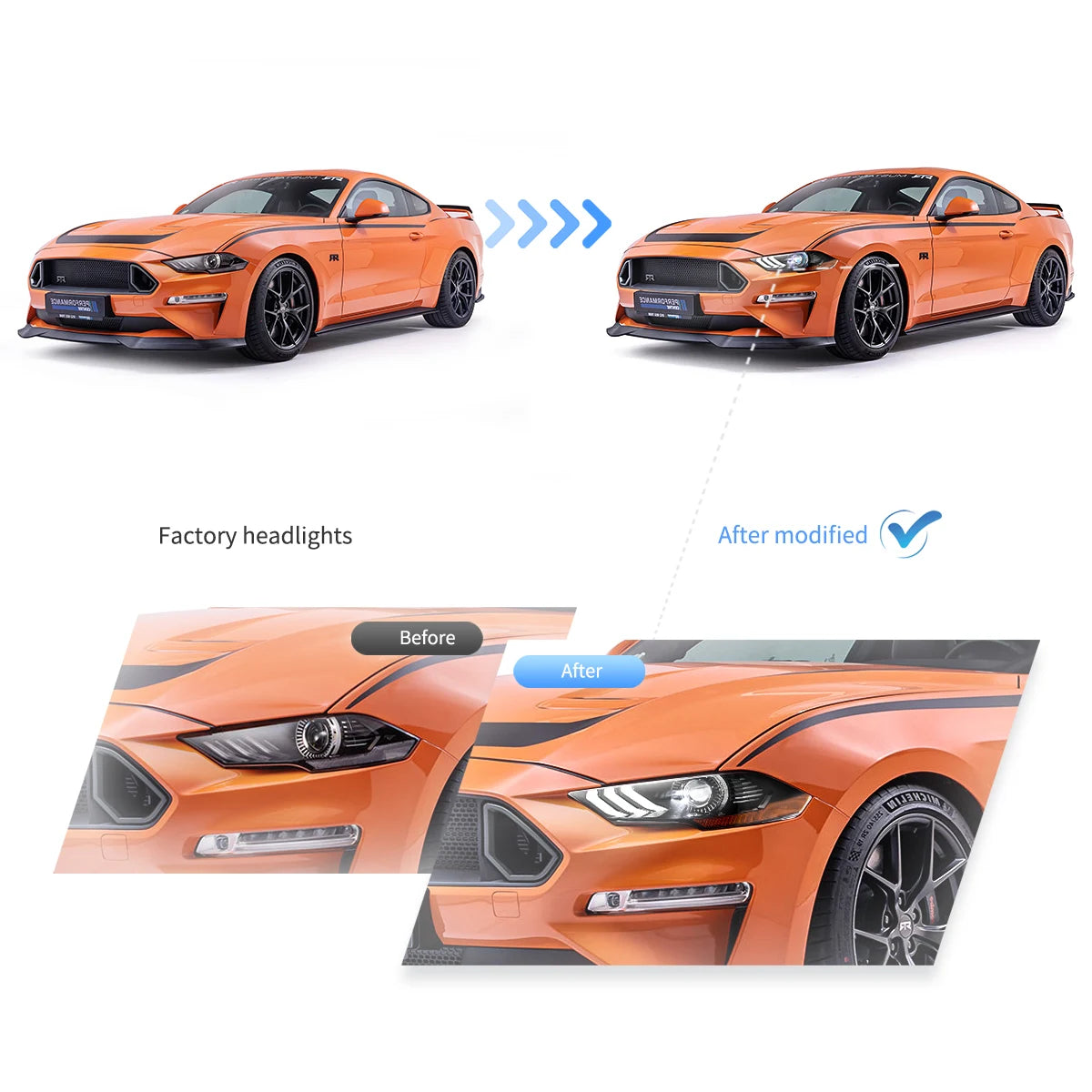 18-22 Ford Mustang 6th Gen Facelifted Vland LED Dual Beam Projector strålkastare Black - 7