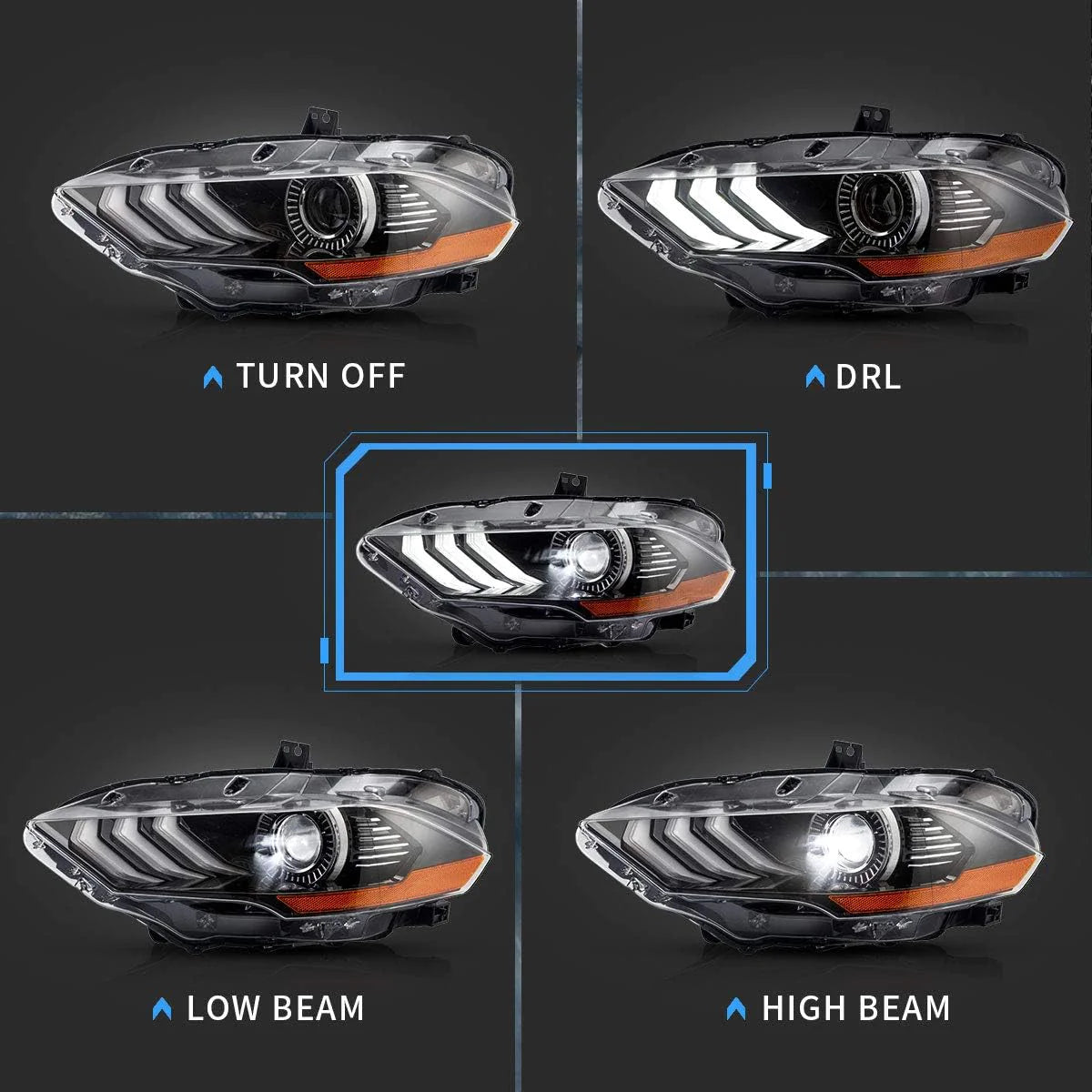 18-22 Ford Mustang 6th Gen Facelifted Vland LED Dual Beam Projector strålkastare Black - 4
