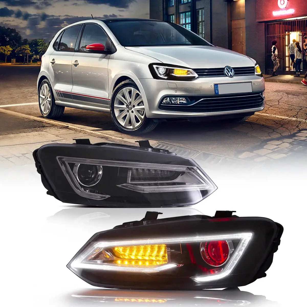 09-17 VW Polo MK5 Vland Dual Beam Projector Aftermarket strålkastare med Demon Eyes Black E-mark