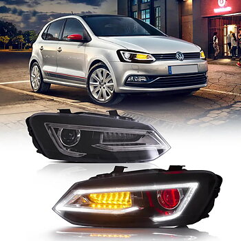 09-17 VW Polo MK5 Vland Dual Beam Projector Aftermarket strålkastare med Demon Eyes Black E-mark