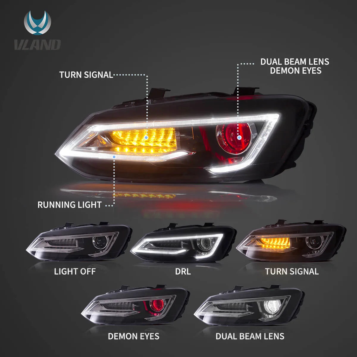 09-17 VW Polo MK5 Vland Dual Beam Projector Aftermarket strålkastare med Demon Eyes Black E-mark - 4