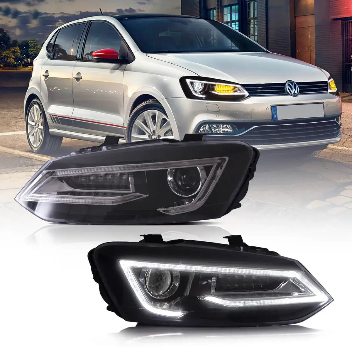 09-17 VW Polo MK5 Vland Dual Beam Projector Aftermarket strålkastare med Demon Eyes Black E-mark - 3