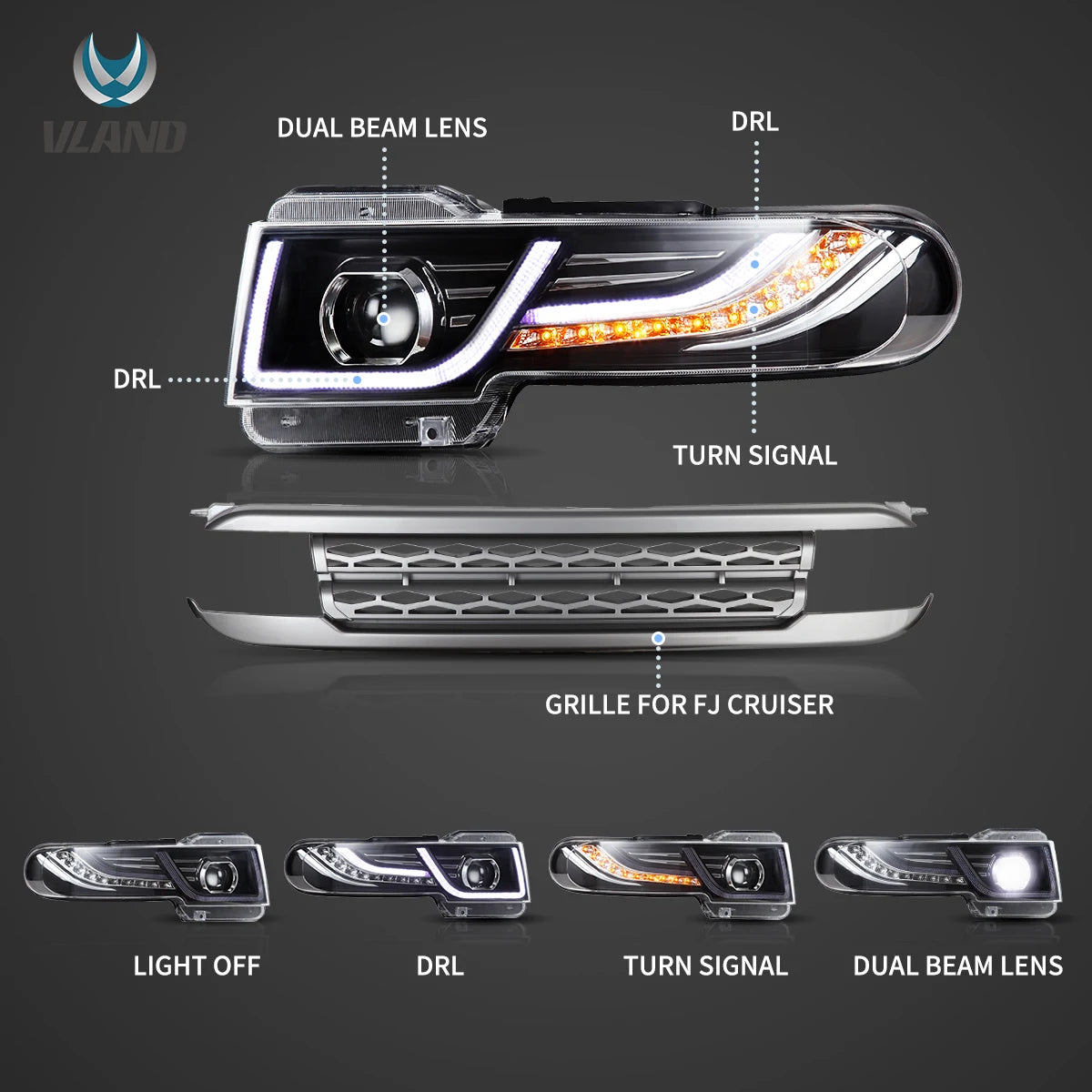 06-22 Toyota FJ Cruiser XJ10 Vland Dual Beam Projector strålkastare med Grille - 4